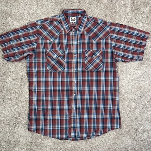 Ely Cattleman Shirt Mens L Rust Plaid Metallic Western Pearl Snap Rockabilly Vtg - Picture 1 of 9